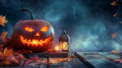 A carved pumpkin with a glowing jack-o-lantern face, sitting next to a flickering lantern on a rustic wooden table, surrounded by fallen autumn leaves under a dark, misty night sky.