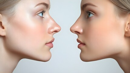 Frontal and profile view photography of a rhinoplasty patient, showcasing the improved nose structure and overall facial balance, Photorealistic, Natural Tones, Detailed