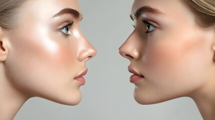 Frontal and profile view photography of a rhinoplasty patient, showcasing the improved nose structure and overall facial balance, Photorealistic, Natural Tones, Detailed