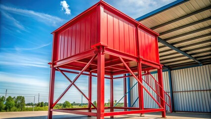 Obraz premium Low angle red metal stand for water tank with shallow depth of field in daylight