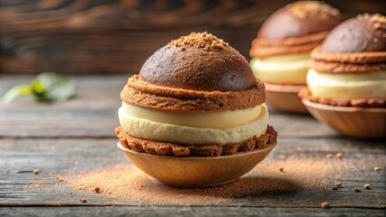 Low angle shot of Easter egg pastry filled with tiramisu