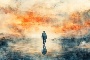 Obraz premium Solitary Figure in Dreamy Watercolor Landscape