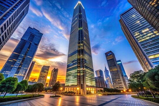 Wide-angle shot of evening skyscraper windows with backdrop of buildings in background