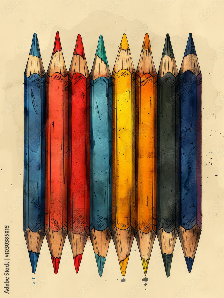Poster cartoon style, the pencils have a consistent shape and size, creating a uniform and colorful present