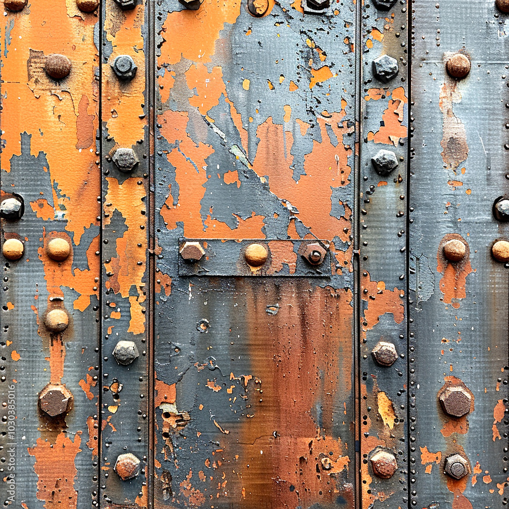 Poster weathered metal wall with vibrant rust patterns and intricate rivets in urban setting