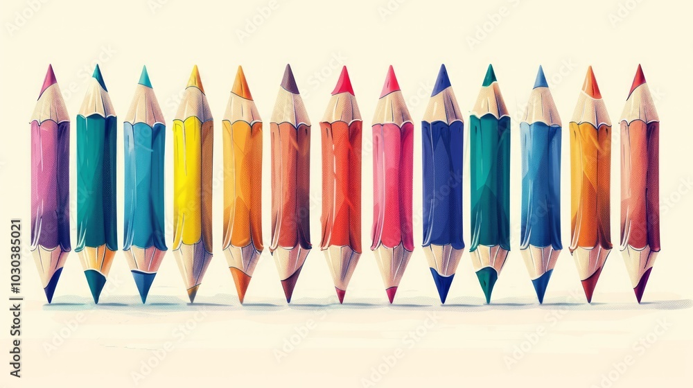 Poster cartoon style, the pencils have a consistent shape and size, creating a uniform and colorful present