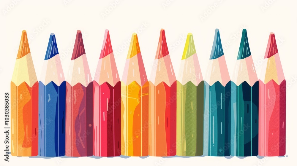 Poster cartoon style, the pencils have a consistent shape and size, creating a uniform and colorful present