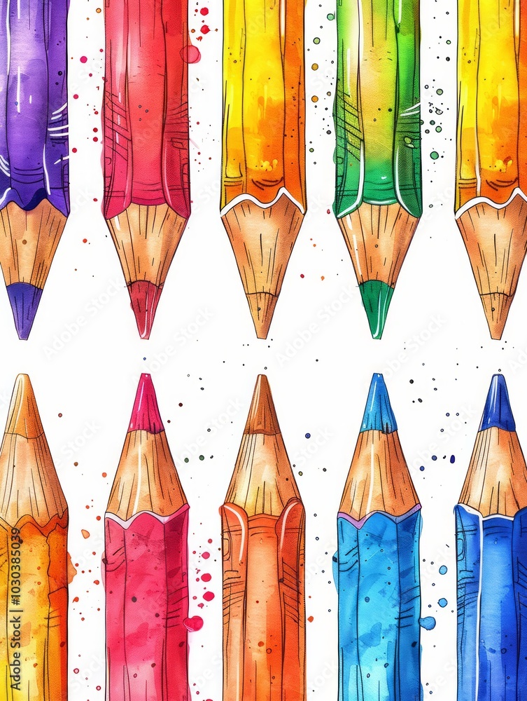 Poster cartoon style, the pencils have a consistent shape and size, creating a uniform and colorful present