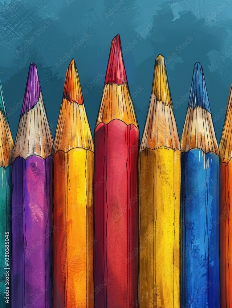 Poster cartoon style, the pencils have a consistent shape and size, creating a uniform and colorful present