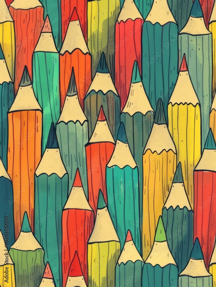 Poster cartoon style, the pencils have a consistent shape and size, creating a uniform and colorful present