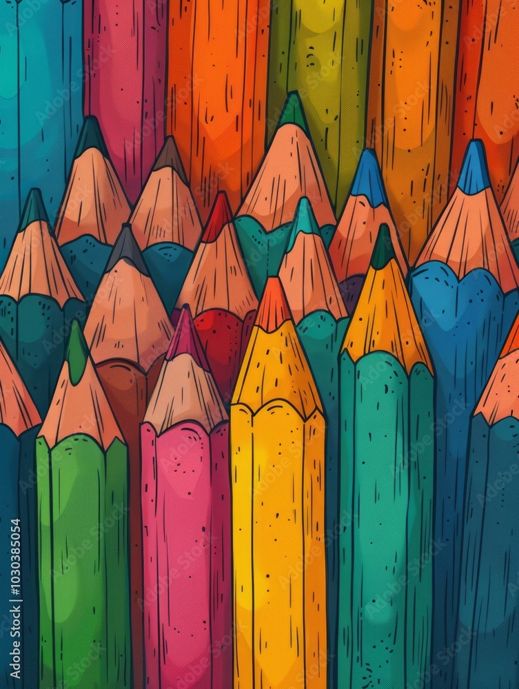 Poster cartoon style, the pencils have a consistent shape and size, creating a uniform and colorful present