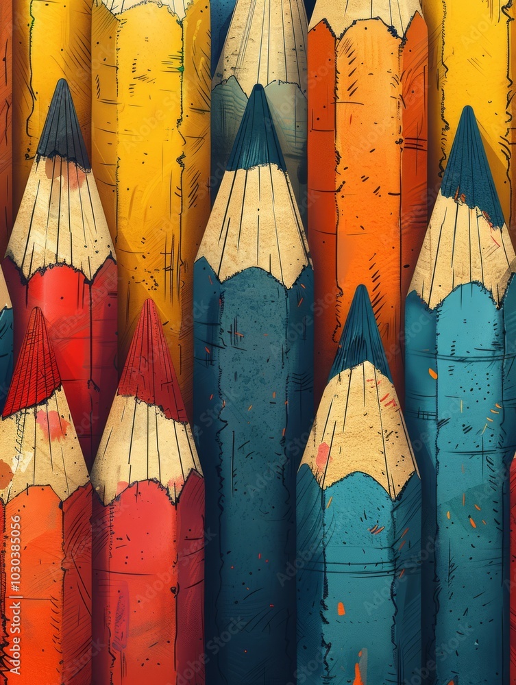 Poster cartoon style, the pencils have a consistent shape and size, creating a uniform and colorful present