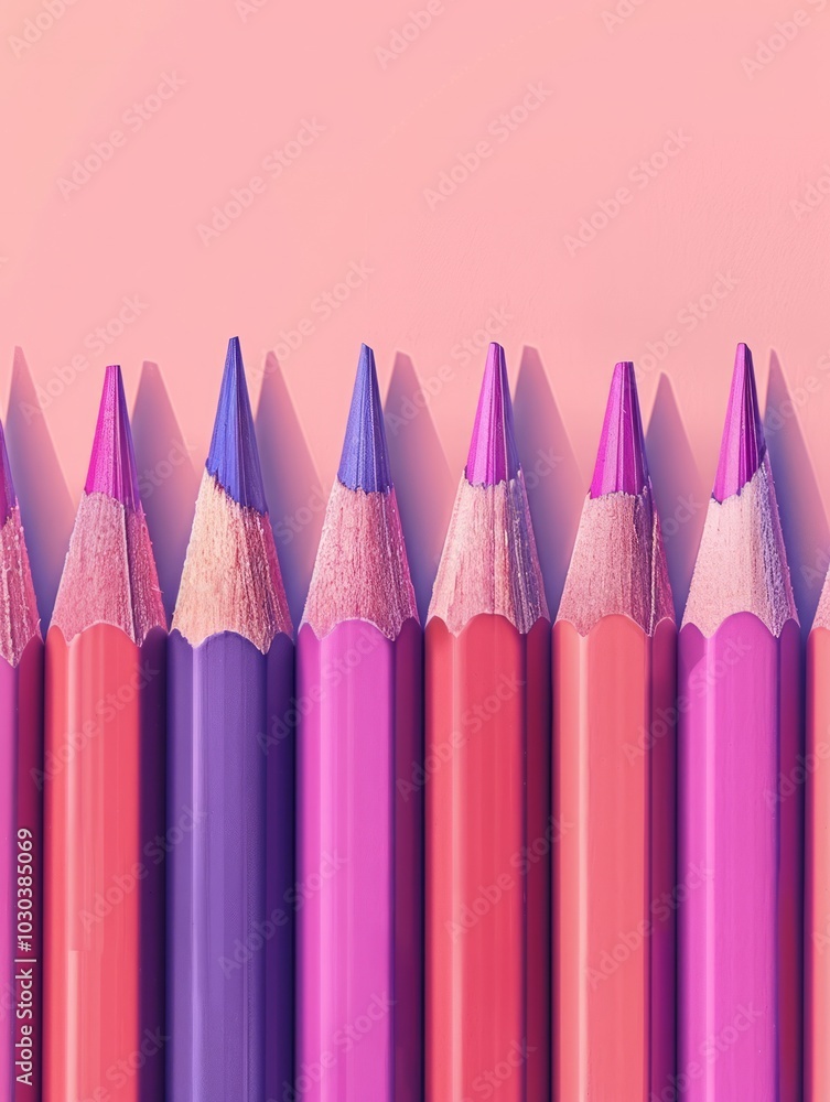 Poster cartoon style, the pencils have a consistent shape and size, creating a uniform and colorful present
