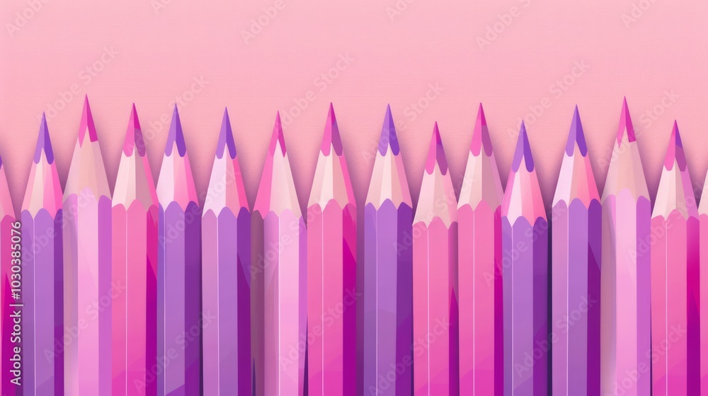Poster cartoon style, the pencils have a consistent shape and size, creating a uniform and colorful present