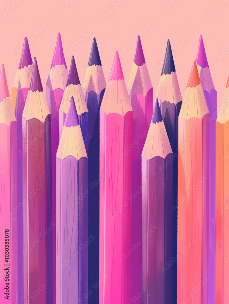 Poster cartoon style, the pencils have a consistent shape and size, creating a uniform and colorful present