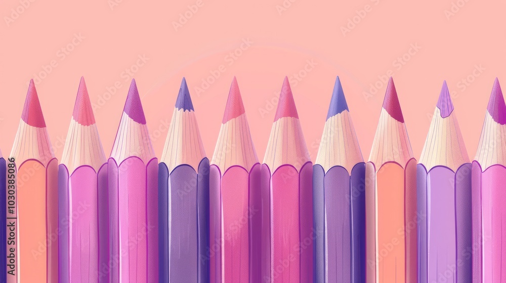 Poster cartoon style, the pencils have a consistent shape and size, creating a uniform and colorful present