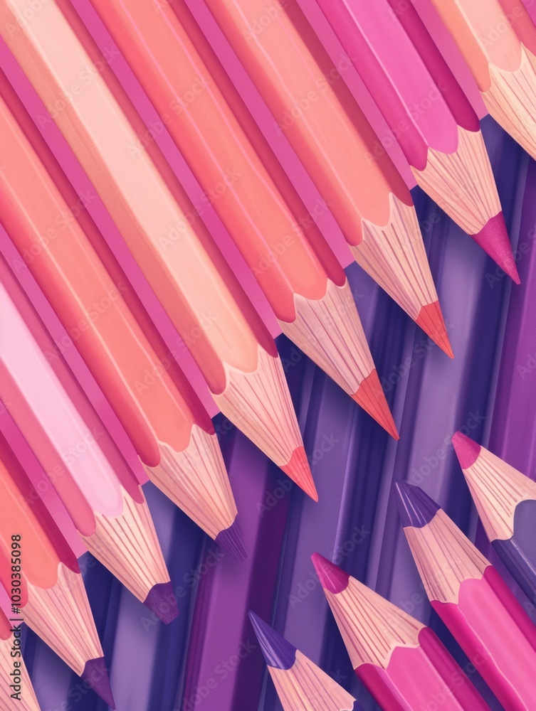 Poster cartoon style, the pencils have a consistent shape and size, creating a uniform and colorful present