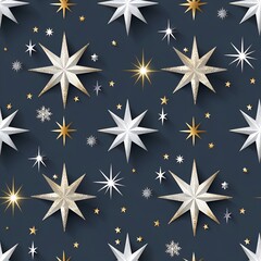 Obraz premium Charming seamless pattern featuring metallic stars and snowflakes on a deep blue background for a festive touch