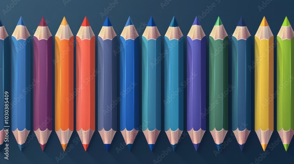 Poster cartoon style, the pencils have a consistent shape and size, creating a uniform and colorful present