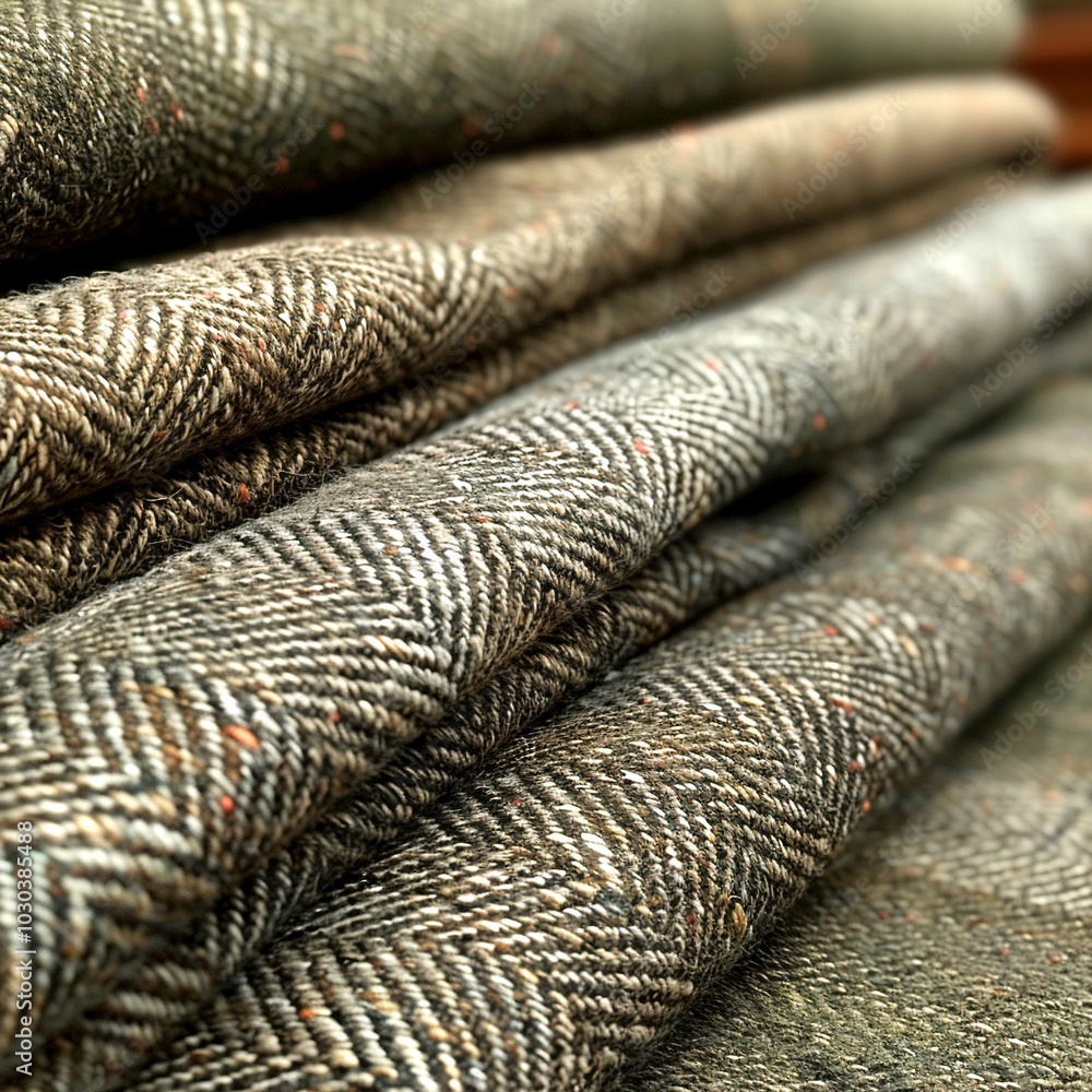 Poster intricate woven patterns in muted tones rest in cozy layers within the fabric workshop