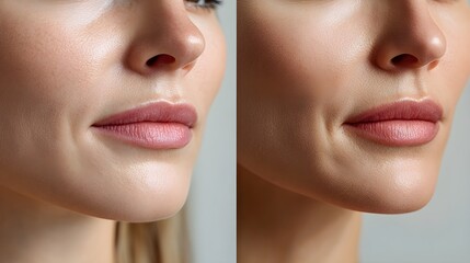 Obraz premium Before-and-after images of Botox treatment around a woman's mouth, highlighting the removal of smile lines and achieving a wrinkle-free, smoother appearance