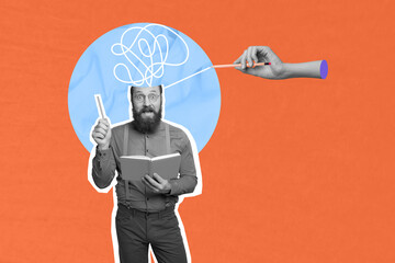 Creative collage picture intelligent man professor teacher hold book smart idea solution eureka...