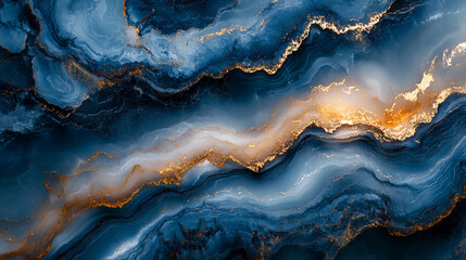 Fototapeta premium Liquid marble texture in bold shades of blue, gold and white, abstract background. Generative AI