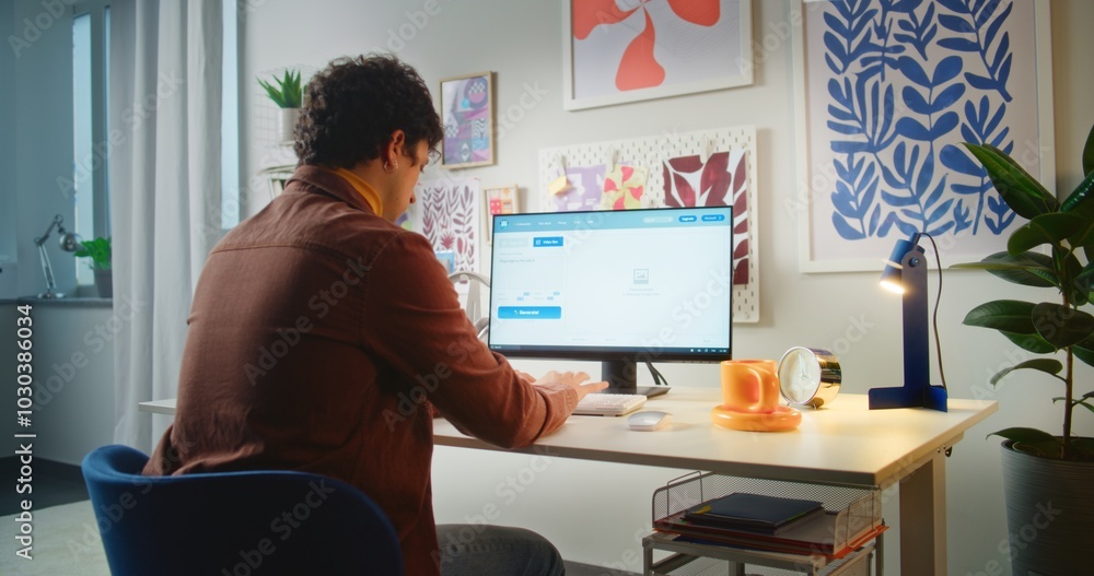 Poster young man types prompt in ai video generator on personal computer. artificial intelligence chatbot g