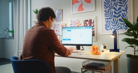 Young man types prompt in AI video generator on personal computer. Artificial intelligence chatbot generates detailed high-quality video of funny dog. From text prompt to realistic generated video.