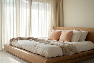 A stylish Japandi bedroom with a wooden platform bed, light bedding, and peach accents, illuminated by soft natural light