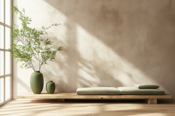 This minimalist japandi living room showcases low seating, a wooden floor, and green ceramic vases, embodying simplicity and nature