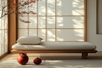 Soft beige cushion rests on a wooden daybed beside a vibrant red vase, all enhanced by calming natural light in a japandi design