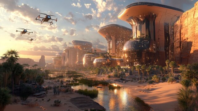 Three drones fly over a futuristic city built in a desert landscape. The city is made of large, metallic buildings with rounded edges and geometric designs