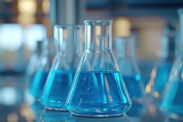 Laboratory Glassware with Blue Liquid in Background