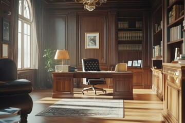 Elegant Wood Office Interior with Desk and Bookshelves