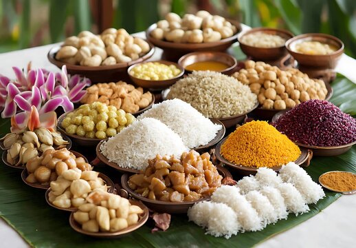 A photo of various Indian festive dishes, including Pongal,  Diwali