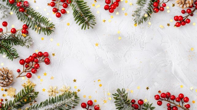 Festive Christmas-themed flat lay with pine branches, red berries, and golden confetti on white table. Perfect for holiday card design, seasonal greetings, and festive decorations. 