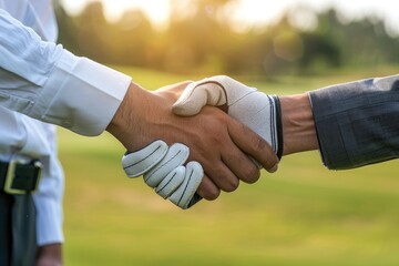Golf player shaking hands with businessman, close-up of hand and golf glove on blurred green background.