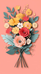 Hand drawn bouquet with flowers 3d vector papercut