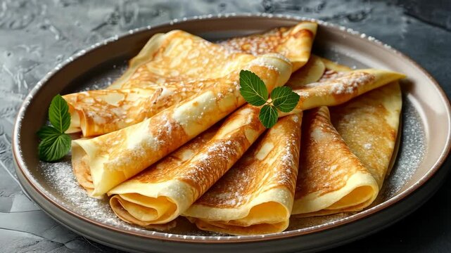 A close-up of a plate of golden-brown crepes dusted with powdered sugar and garnished with fresh mint