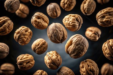 Experience the mesmerizing levitation of walnuts in their shells against a transparent backdrop, offering stunning visuals that celebrate nature's exquisite design and creativity.