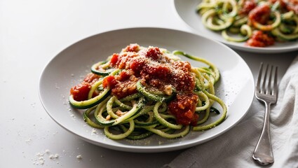 Zucchini noodles with marinara sauce and Parmesan cheese.
