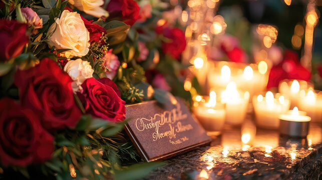Personalized Memorial Plaque Surrounded by Flowers and Candles
