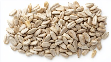 Top View of Pile of Shelled Sunflower Seeds with Smooth Light Beige Oval-Shaped Surface Filling Entire Frame on White Background