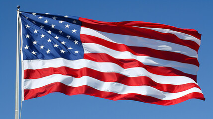 Obraz premium American flag waving against a clear blue sky, symbolizing freedom and patriotism.