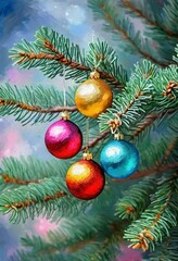 Colorful Christmas decorations adorn branches of a spruce tree, vibrant balls in shades of red, blue, golden and pink, embodying holiday cheer in winter. Happy New Year art background. Generative AI