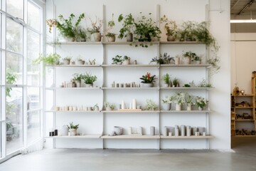 Flower shop shelf plant wall.