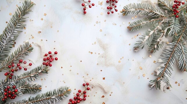 Festive Christmas-themed flat lay with pine branches, red berries, and golden confetti on white table. Perfect for holiday card design, seasonal greetings, and festive decorations. 