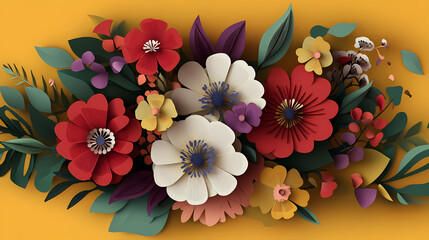 Hand drawn bouquet with flowers 3d vector papercut