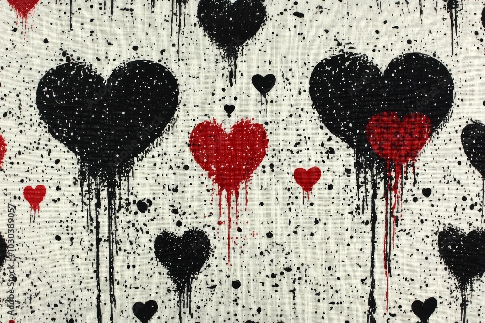 Poster black and red dripping hearts on a splattered background symbolizing raw emotion passion and artisti